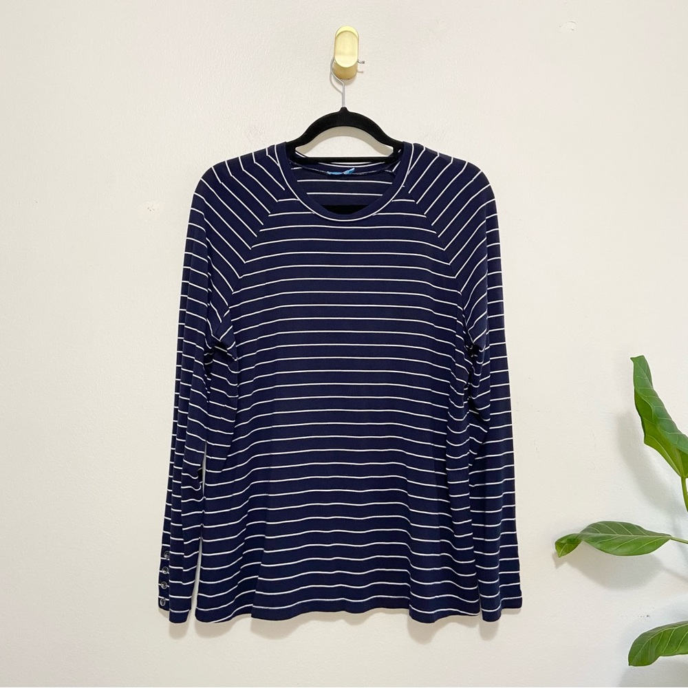 J. McLaughlin Navy Blue White Stripe Long Raglan Sleeve Crewneck Top